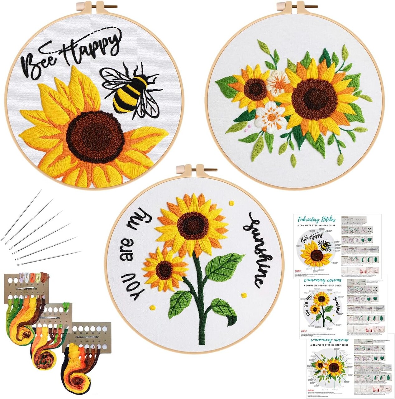 3-Pack Sunflower Embroidery Kit for Beginners – Cross Stitch Set with Bee & Summer Flower Patterns, Hoops, Needles & Instructions for Adults DIY Needlepoint